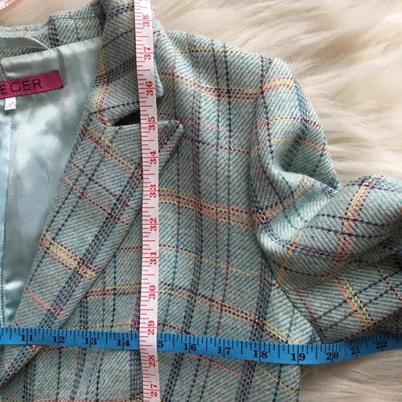 Jaeger wool blend plaid coat US12 blue aqua button - Picture 6 of 8